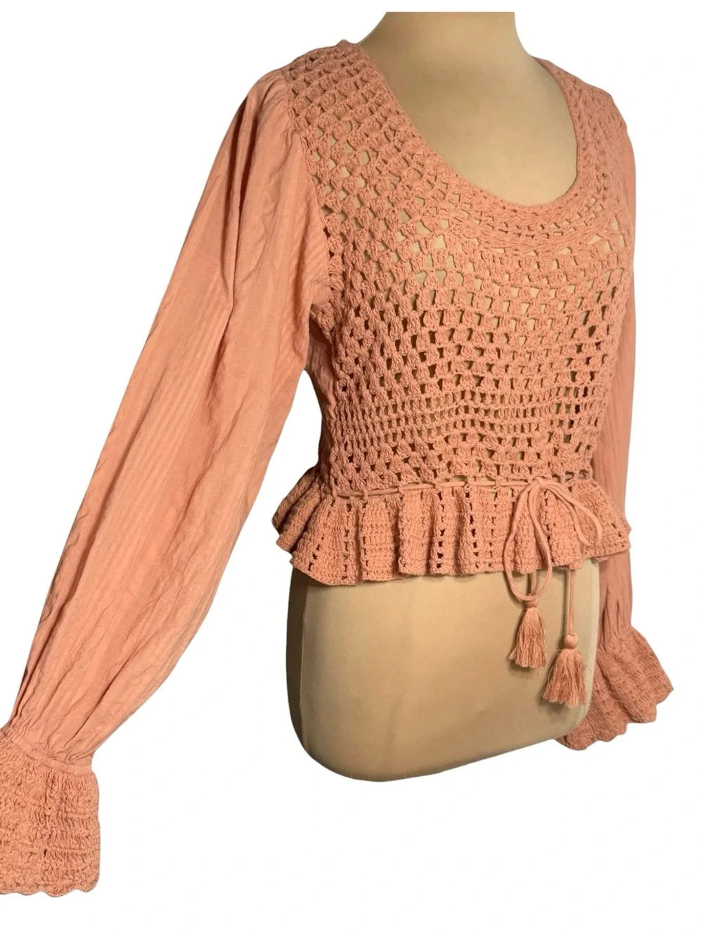 NWT Free People Megan Crochet Peplum Top Coral Sand Boho XL